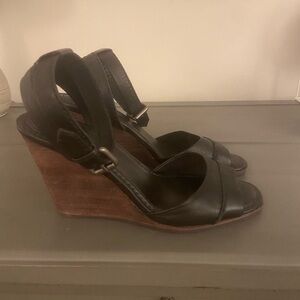 Black leather Frye wedge sandals, size 8.5